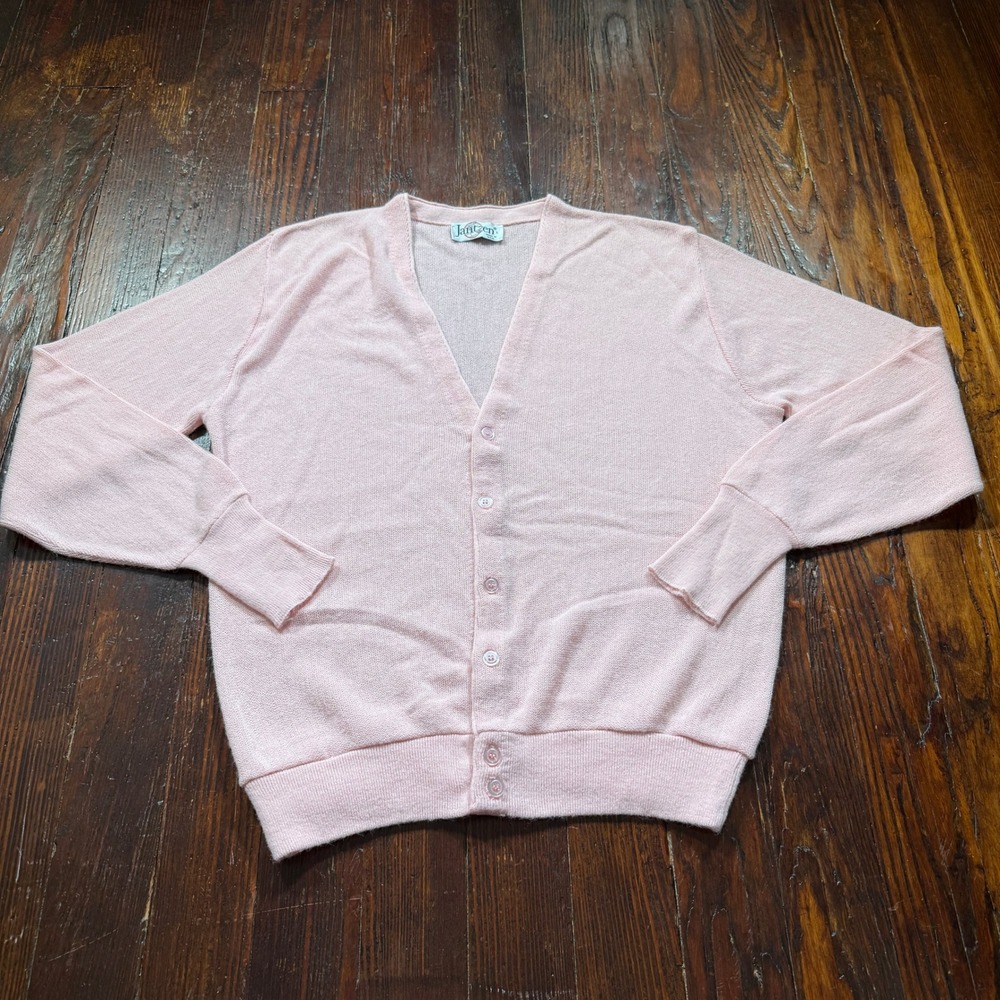 Vintage 80s Jantzen Cardigan Women L Pink V Neck Button Up Knit Made in USA - Picture 4 of 8